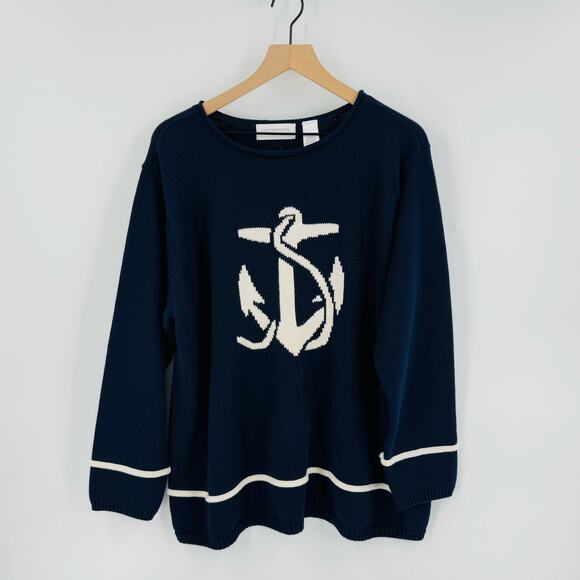 Vintage Liz Claiborne Anchor Nautical Sweater Navy White Cotton Pullover Size 2X - Picture 7 of 7